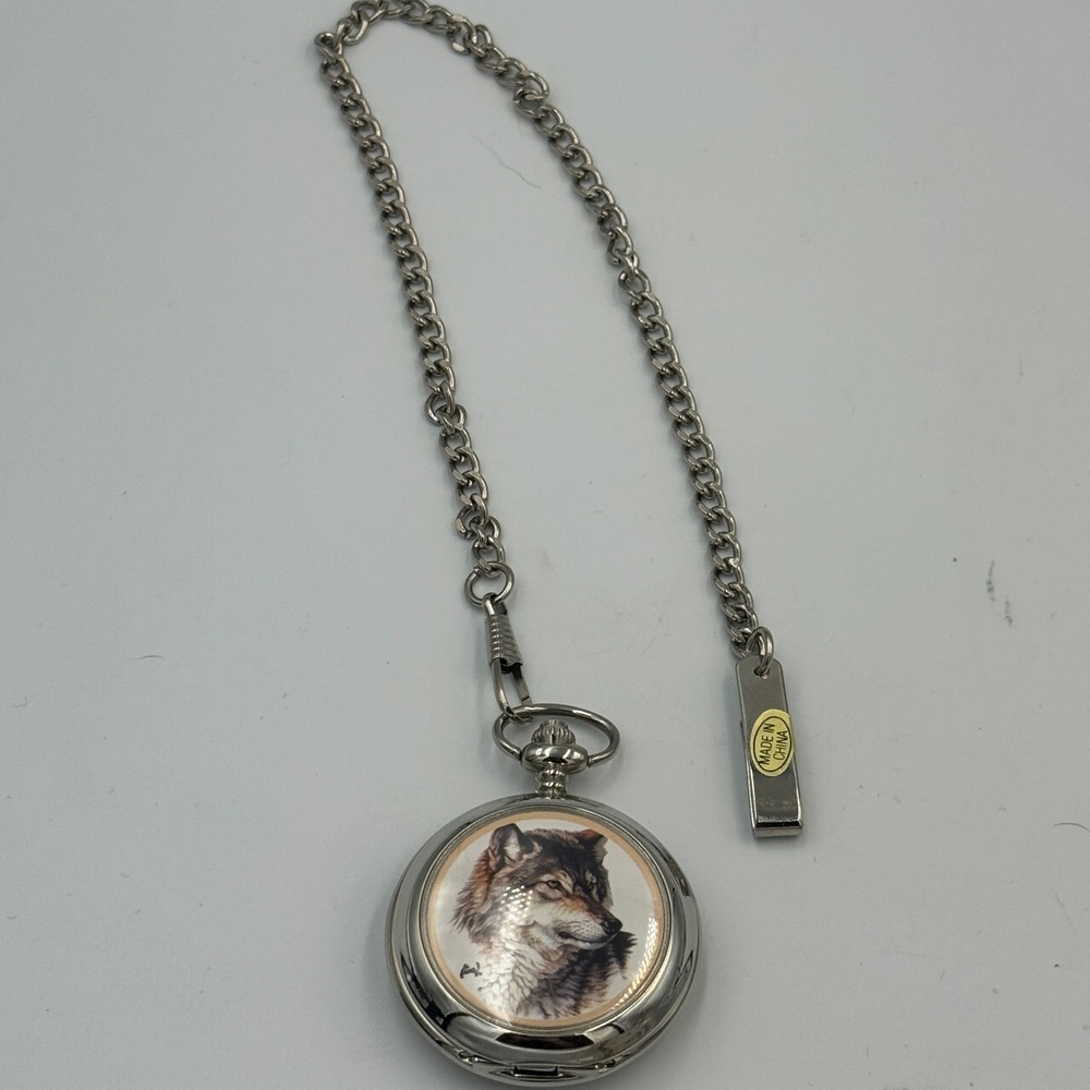 Westminster Wolf Pocket Watch Silver‎ Tone Hunter Case Wildlife Graphic & Chain